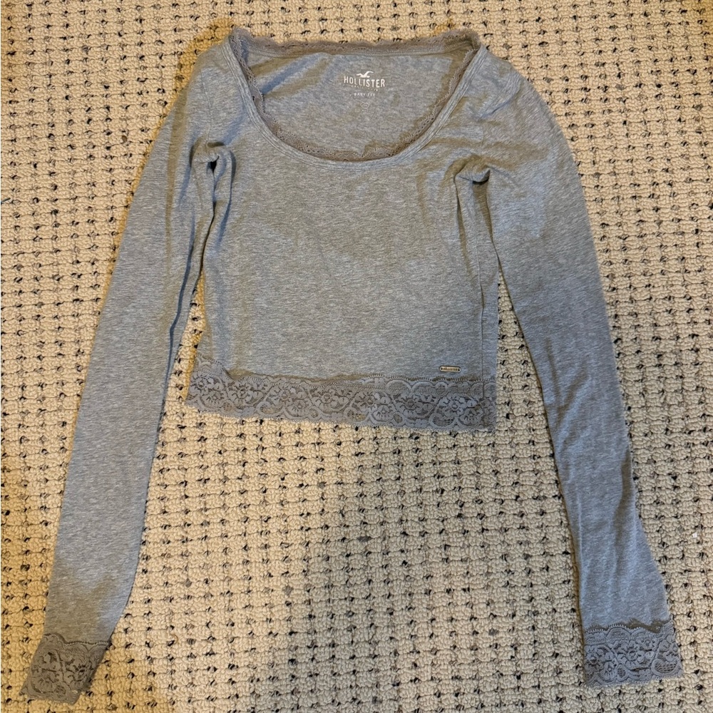 Hollister Light Grey Long Sleeve Lace Crop Top